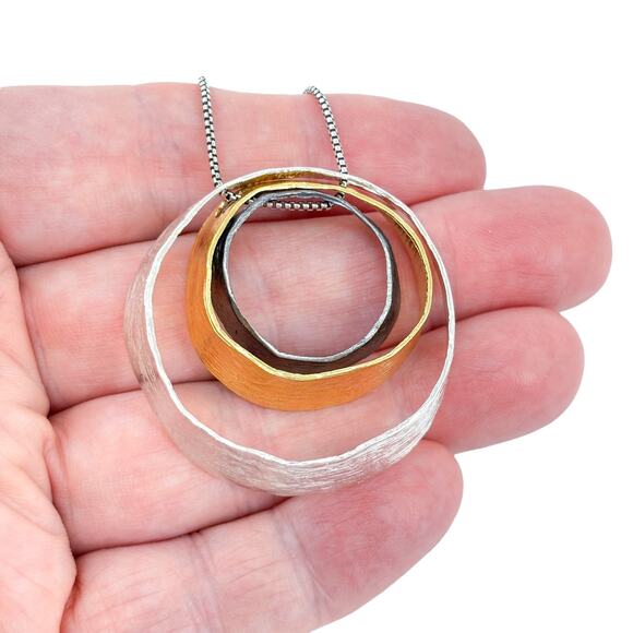 Vintage PZ Israel Sterling Silver 3 Circle Gold Plated Pendant Necklace 31.5" - Picture 2 of 7